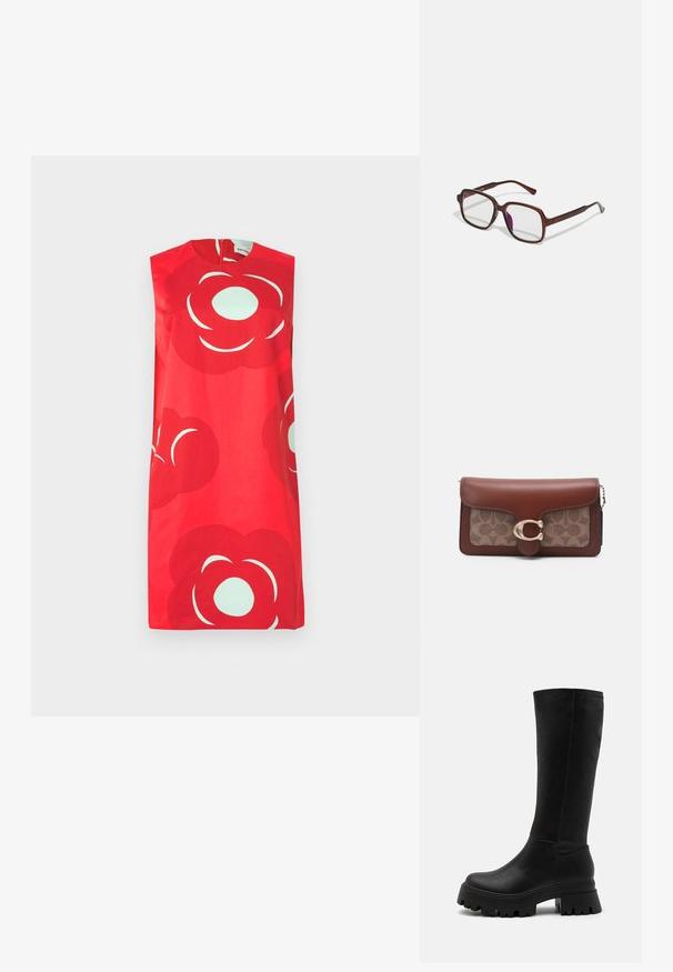 Red sleeveless dress featuring large abstract flower patterns in red and light blue, with a high neckline and a concealed back zipper.; Black knee-high boots made of faux leather, featuring a chunky rubber sole with deep grooves, smooth surface, and minimal stitching details.; Brown, rectangular eyeglasses with transparent lenses and purple tints. Smooth plastic frame with straight temples and subtle accents.; Brown leather wallet with a patterned fabric front. Features a gold circular clasp and a chain strap, smooth texture, and curved edges.