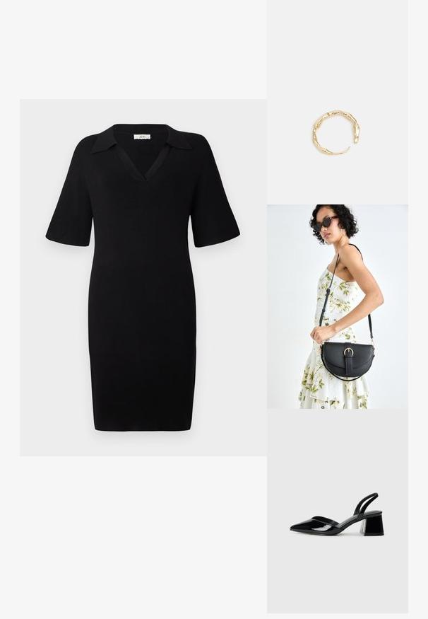 Svart klänning i ribbad tyg med V-ringning och korta ärmar. Har en klassisk krage och en figursydd silhuett.; Svarta lackläder slingback klackar med spetsig tå och geometrisk klack. Har en elegant, minimalistisk design och slät yta.; Svart läderhandväska med en böjd form, avtagbar rem och guldiga detaljer. Väskan har ett lock med en spänndetalj.; Ring i guldutförande med en organisk, vriden design, slät yta och avsmalnande ändar, vilket ger ett modernt, skulpturalt utseende.