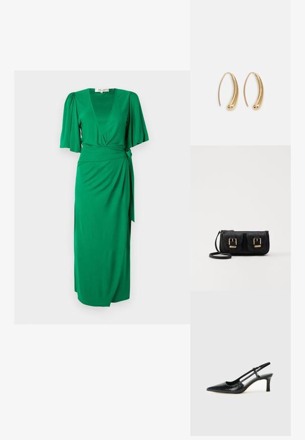 Zöld, sima, könnyű anyagból készült ráncolt ruha. V-nyakú, rövid puffos ujjakkal és megkötős derékrésszel rendelkezik, amely kiemeli a sziluettet.; Fekete lakk slingback sarok, hegyes orral, texturált kígyómintával, állítható pánttal és rövid, texturált tömbsarkal.; Fekete bőr keresztbody táska két elülső zsebbel, arany csattokkal, cipzáras záródással és vékony pánttal. Textúrált felület és kompakt téglalap alak.; Aranyszínű fémből készült karika fülbevalók ívelt, hosszúkás formával. Simaságával és fényes felületével, valamint lekerekített végével további részletekkel bővül.