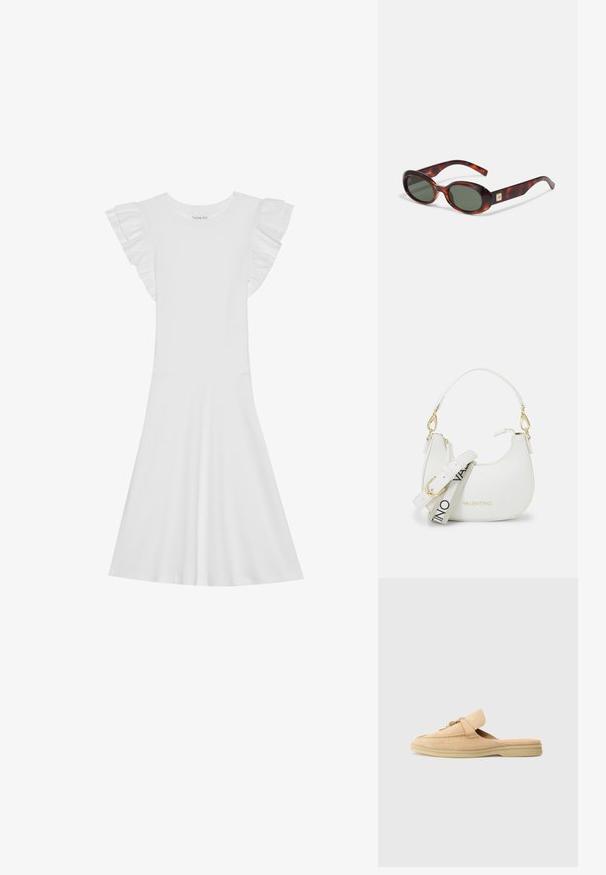 Witte katoenen jurk met korte gerimpelde mouwen, een ronde halslijn en een uitlopende rok. Soepele textuur en eenvoudig ontwerp.; Beige suède instapschoen met een ronde neus, decoratieve stiksels en een gouden hardware accent. Platte zool en zachte binnenvoering.; Schildpadbril met donkere lenzen, ovale vorm en brede armen. Voorzien van een kleine gouden accent aan de zijkant. Glad plastic materiaal.; Witte handtas met een gebogen silhouet, textuurleer, gouden hardware en een afneembare schouderriem met een logo en gespdetail.