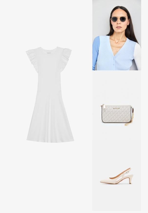 Weißes Baumwollkleid mit kurzen Rüschensäumen, rundem Ausschnitt und ausgestelltem Rock. Glatte Textur und schlichtes Design.; Weiße Slingback-Absätze mit spitzer Zehenpartie, glattem Obermaterial, niedrigem Blockabsatz und seitlichem Ausschnitt-Design mit verstellbarem Schnallenriemen.; Runde Sonnenbrillen mit dunklen Gläsern und goldenen Rahmen. Das Modell trägt eine hellblaue, gerippte Strickjacke mit Knöpfen und weißen Kontrastärmeln.; Michael Kors Clutch in beige beschichtetem Canvas mit einem wiederholten MK-Logo-Muster, goldfarbener hardware und einem abnehmbaren Kettenriemen.