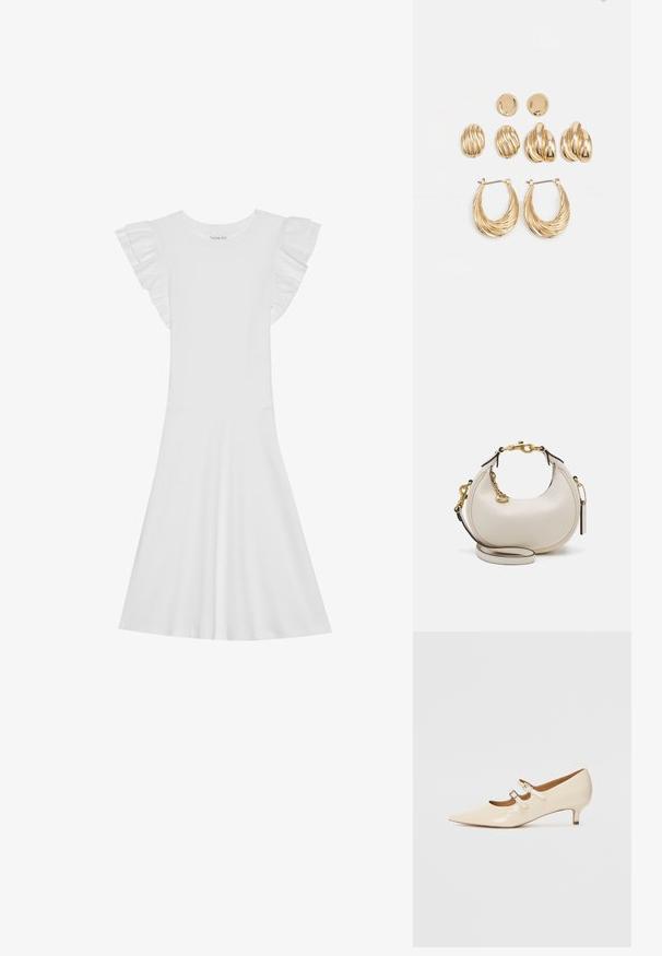 Vestido de algodón blanco con mangas cortas con volantes, escote redondo y falda acampanada. Textura suave y diseño sencillo.; Zapatos Mary Jane de piel sintética beige con dos hebillas ajustables, punta afilada y tacón bajo. Textura suave con un acabado brillante.; Bolso de mano de cuero crema con forma de media luna, herrajes dorados, acentos negros y una correa desmontable. Cuenta con un detalle de cadena y una etiqueta.; Conjunto de pendientes en tono dorado que incluye tres pares: pendientes ovalados texturizados, pendientes con diseño ondulado y grandes aros con estrías en capas.