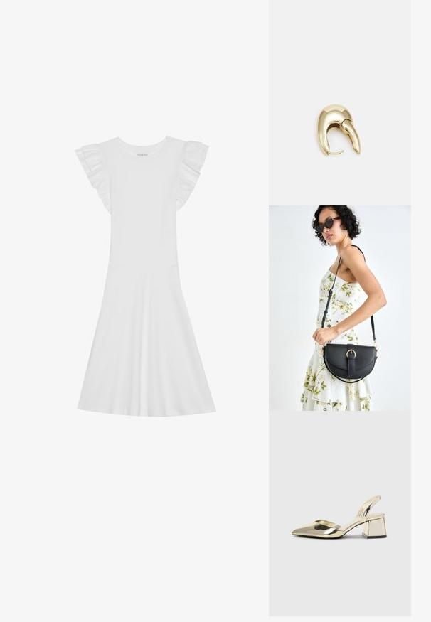 Robe en coton blanc avec des manches courtes à volants, un col rond et une jupe évasée. Texture lisse et design simple.; Talons aiguilles dorés métalliques avec un bout pointu et un talon épais. Texture lisse, design minimaliste et une fine bride.; Sac à main en cuir noir avec une forme courbée, bandoulière amovible et des accessoires en or. Le sac est doté d'un rabat avec un détail de boucle.; Boucle d'oreille en métal doré avec un design élégant et courbé. Présente une forme conique distinctive, une surface polie et une fermeture à charnière.