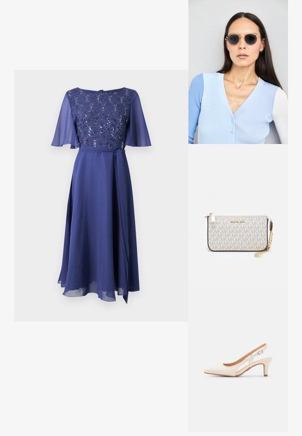 Swing Koktélruha / Partiruha - future blue; Fehér slingback sarok, hegyes orral, sima felső anyaggal, alacsony blokk sarkával és oldalsó kivágott dizájnnal, állítható csatpánttal.; Kerek napszemüveg sötét lencsékkel és arany kerettel. A modellen világoskék, bordázott kardigán van gombokkal és kontrasztos fehér ujjaival.; Michael Kors bézs bevonatos vászon karkötő, amely ismétlődő MK logó mintával, aranyszínű fémrészletekkel és levehető lánchordóval rendelkezik.