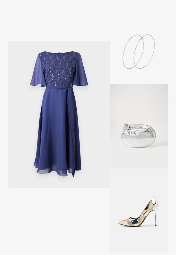 Swing Kokteiļkleita/ballīšu kleita - future blue; Apspīlēta augstpapēžu kurpe ar zeltītu, sudrabi un neitrālu krāsu kombināciju. Spīguļojoša virsma ar izgriezuma dizainu, aprīkota ar stiletto papēdi.; Sudraba metāliska poga somiņa ar mīkstu, noapaļotu formu un mezgla augšējo aizdari. Izgatavota no gludas mākslīgās ādas materiāla.; Sudraba gredzenveida auskari ar minimālistisku dizainu. Cirkulāra forma, gluda tekstūra un plāns profils. Vieglu svaru ar spīdīgu apdari.