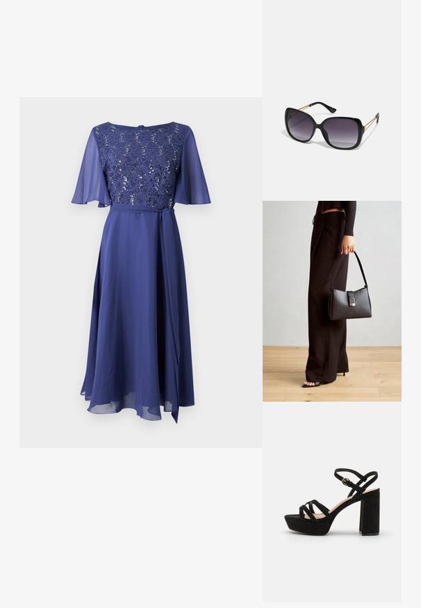 Swing Cocktailklänning - future blue; Svarta mocka plattformssandaler med blockhämt, som har korsade remmar och en spänne vid vristen för en säker passform.; Svarta överdimensionerade solglasögon med gradientlinser, tjocka bågar och kedjedetaljer i guldton vid tempelarmarna.; Svart handväska med strukturerad form, slät yta och metallspänne. Matchad med vida svarta byxor och sandaler med öppen tå på trägolv.