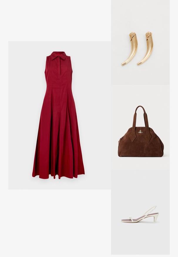 Punane ilma varrukateta kleit, millel on krae, nööbipluus ja laienev siluett. Valmistatud siledast kangast, millel on keskmise pikkusega disain.; Valged slingback sandaalid kergelt kontsaga, õhukeste rihmade ja sileda nahatekstuuriga; sisaldavad väikest dekoratiivset pandlat.; Pruun nahast käekott, millel on struktureeritud kuju, ümar keha ja piklikud rombikujulised käepidemed. Varustatud hõbedase riistvaraga lukuga.; Kuldtooni metallist juukseklambrid, millel on kaardus, sooneline disain. Sile pind kauni viimistlusega ja ümarate otstega. Näidatud on kaks tükki.
