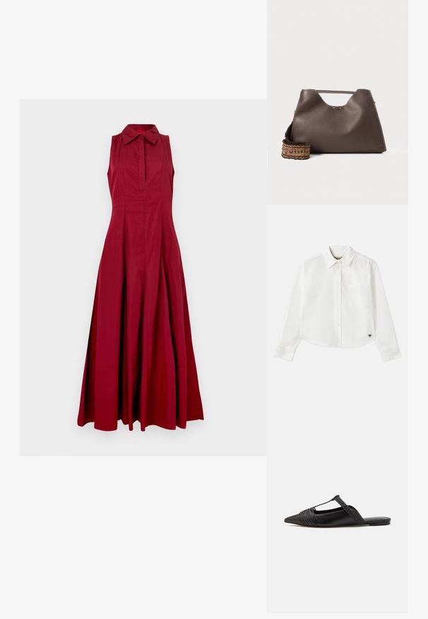 Raudona be rankovių suknelė su apykakle, mygtukų užsegimu ir plačiu siluetu. Pagaminta iš lygios medžiagos, pasižyminčios pusiau ilgu dizainu.; Baltas trumpas ilgos rankovės marškinėliai, pagaminti iš medvilnės. Turintys sagų priekį, krūtinės kišenę ir mažą juodą logotipą apačioje kairėje pusėje.; Juodos odinės slingback bateliai su smailiu pirštu, turintys audinį akcentą ir raukšlėtą viršutinį dizainą. Lygus padas su minimaliais aksesuarais.; Ruda odinė rankinė su tekstūruotu paviršiumi, kampuota forma ir išskirtiniu viršutiniu rankena. Yra raštuota pintinė diržo detalė.