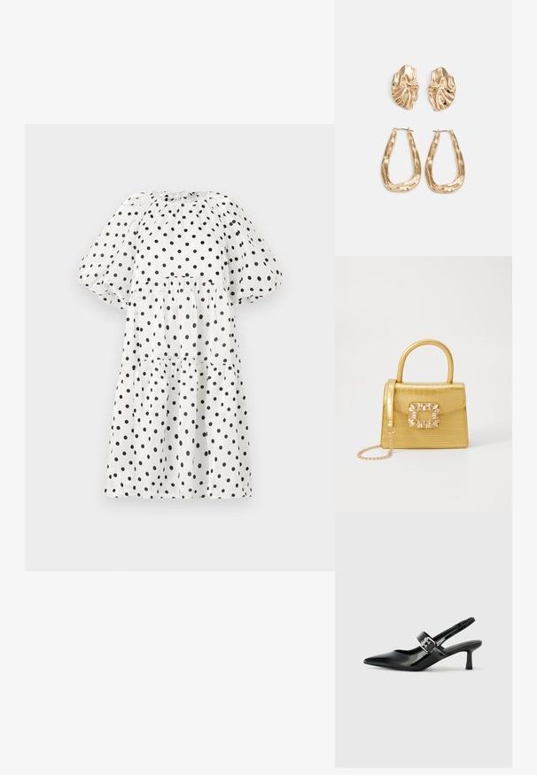 Rochie albă cu buline negre, având un guler înalt, mâneci puff și un design cu fuste nivelate. Material ușor, texturat.; Sandale cu toc din piele patent neagră, cu vârful ascuțit și un toc mic bloc, având un accent cu cataramă argintie pe curea.; Geantă galbenă din faux-crocodil cu un design structurat, mână superioară, curea detașabilă cu lanț și embellisment decorativ cu cristale pe închidere.; Cercei aurii cu forme texturate și ondulate. Include studs sculpturale cu clip și un design de cerc deschis cu un finisaj cioplit.