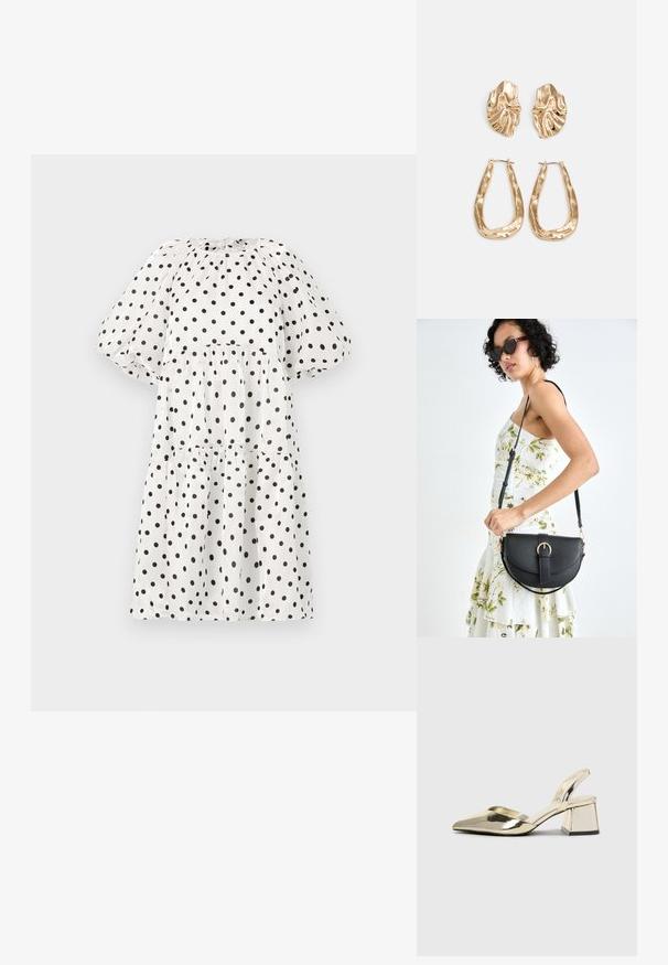 White dress with black polka dots, featuring a high neckline, puff sleeves, and a tiered skirt design. Lightweight, textured fabric.; Gold, metallic slingback heels with a pointed toe and chunky heel. Smooth texture, minimalistic design, and a narrow strap.; Black leather handbag with a curved shape, detachable strap, and gold hardware. The bag features a flap with a buckle detail.; Gold-tone earrings featuring textured, wavy shapes. Includes sculptural clip-on studs and open hoop design with a hammered finish.