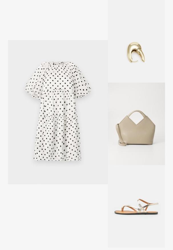 Biele šaty s čiernymi bodkami, s vysokým golierom, pufovanými rukávmi a volánkovou sukňou. Ľahká, textúrovaná látka.; Kovové zlaté ploché sandále s minimalistickým dizajnom, s prekrižovanými pásikmi a prackovým uzáverom. Hnedá stielka a čierna podrážka.; Béžová štruktúrovaná kabelka s vrcholom v tvare V, vyrobená z hladkej kože, s krátkymi rúčkami a dlhým nastaviteľným popruhom. Minimalistický dizajn.; Náušnice z kovu v zlatej farbe s elegantným, zakriveným dizajnom. Majú charakteristický špicatý tvar, leštený povrch a uzáver na pánt.