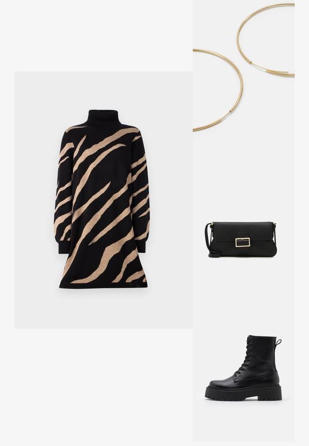 Turtleneck kjole i sort med brune tigerstriber, med lange ærmer og en flagrende kant. Lavet af et blødt, tekstureret strikmateriale.; Sorte læder ankelstøvler med rund tå, snørebånd foran og en tyk gummisål med struktureret slidbane. Hæfteløkke bagpå.; Sort læder clutchtaske med klap og detaljer i guldmetallisk spænde. Inkluderer en sort rem og et slankt, minimalistisk design.; Guldfarvede hoops øreringe, tynde og runde i formen, med en glat metallisk finish uden udsmykninger eller mønstre.