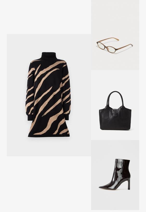 Schwarzfarbiges Rollkragenkleid mit braunen Tigerstreifen, lange Ärmel und ausgestellt geschnittenem Saum. Hergestellt aus einem weichen, strukturierten Strickmaterial.; Schwarze Lackleder-Ankle-Boots mit spitzem Zeh und schlanker Silhouette. Verfügt über einen Stiletto-Absatz und eine glatte Textur.; Braune Schildpatt-Brille mit ovalen Gläsern, dünnen Bügeln und transparenten Akzenten. Verfügt über ein dezentes Logo am Bügel. Elegantes, leichtes Design.; Schwarze Leder-Tote mit glatter Textur, strukturiertem Design, zwei Griffen und einem auffälligen silbernen Schnallen-Detail auf der Vorderseite.