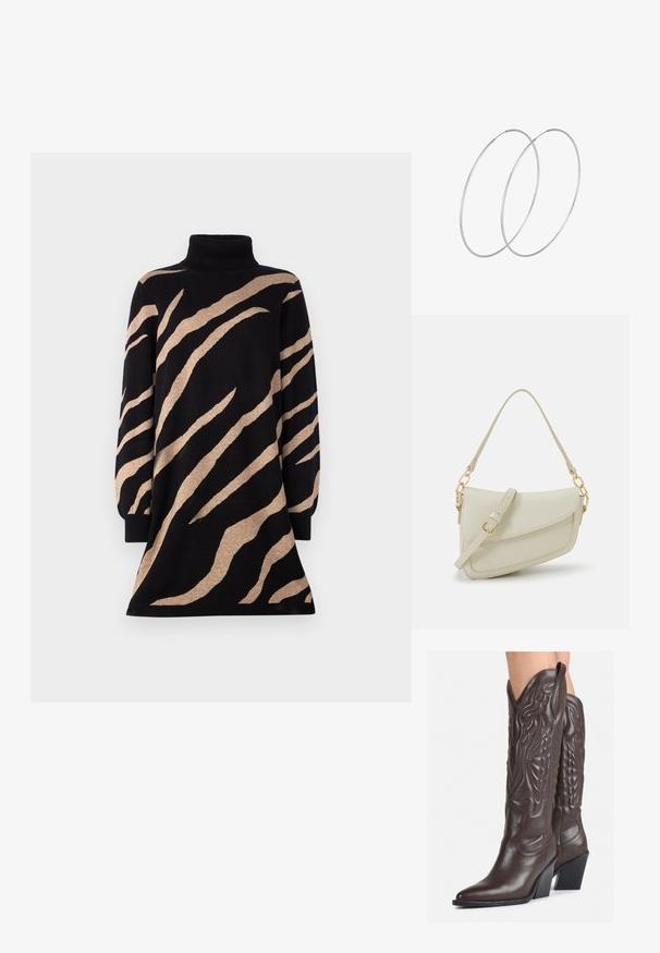 Černé šaty s vysokým límcem a hnědými tygřími pruhy, s dlouhými rukávy a rozšířeným lemem. Vyrobené z měkkého, texturovaného pleteného materiálu.; Hnědé kožené kovbojské boty s špičatou špičkou a blokovým podpatkem, se zdobným prošíváním a vyvýšenými akcenty na nárazu.; Malá krémová kabelka s texturovaným povrchem, dlouhým nastavitelným popruhem, řetízkovým akcentem a klopou. Ozdobné detaily zlaté barvy.; Stříbrné kruhové náušnice s minimalistickým designem. Kruh, hladký povrch a tenký profil. Lehká konstrukce s lesklým povrchem.