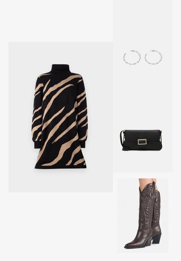 Abito a collo alto nero con strisce a tigre color cammello, caratterizzato da maniche lunghe e un orlo svasato. Realizzato in un morbido materiale a maglia testurizzato.; Stivali da cowboy in pelle marrone con punta affusolata e tacco a blocco, caratterizzati da dettagliati ricami e accenti rialzati sul gambale.; Borsa a mano in pelle nera con patta e dettaglio in metallo dorato. Include una tracolla nera e un design elegante e minimalista.; Orecchini a cerchio in argento con un design torciglionato, caratterizzati da una finitura lucida e chiusura a perno. Misurano circa 3 cm di diametro.