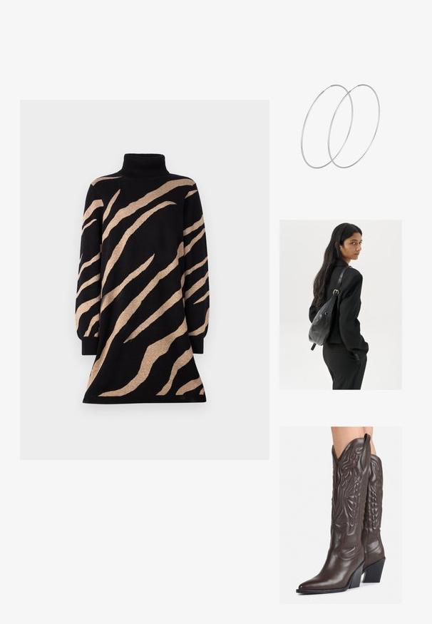 Melnas turtlenecks kleitas ar brūniem tīģera svītrām, ar garām piedurknēm un izplestu apakšmalu. Izgatavota no mīkstas, teksturētas dzijas.; Brūni ādas kovboju zābaki ar norādītu purngalu un blokveida papēdi, ar detalizētu šūšanu un paceltiem akcentiem uz kājas daļas.; Sieviete ar garām tumšām matiem, ģērbusies melnā uzvalkā, nēsā melnu ādas plecu somu un skatās pāri plecam uz balta fona.; Sudraba gredzenveida auskari ar minimālistisku dizainu. Cirkulāra forma, gluda tekstūra un plāns profils. Vieglu svaru ar spīdīgu apdari.