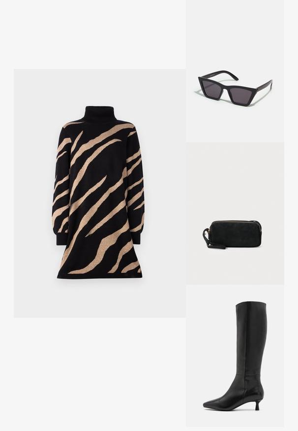 Rochie cu guler înalt, de culoare neagră, cu dungi de tigru bej, având mâneci lungi și o tivire evazată. Fabricată dintr-un material tricotat moale și texturat.; Zign Cizme - black; Ochelari de soare negri, unghiulari, cu lentile gri; fabricați din plastic, având brațe groase cu o suprafață netedă și fără hardware vizibil.; Geantă de mână din suede negru, cu închidere cu fermoar și bretea detașabilă pentru încheietura mâinii. Dispune de accesorii din metal aurit și o textură netedă, mată.