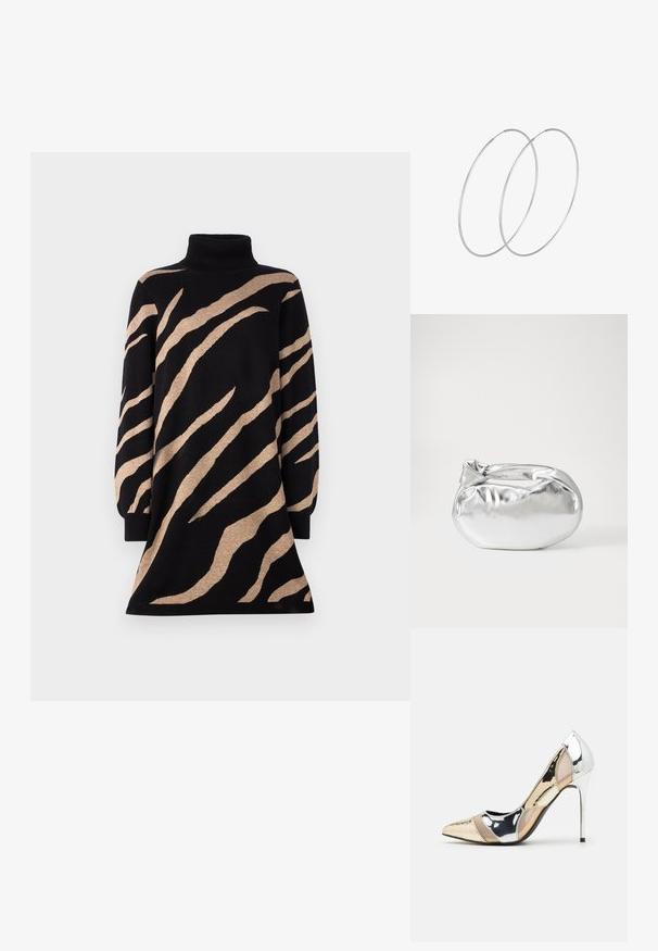Juodas golfo suknelė su rudomis tigro raštais, su ilgomis rankovėmis ir išplatintu kraštu. Pagaminta iš minkštos, tekstūruotos megztos medžiagos.; Aštrus pirštas aukštakulnis batelis su sidabro, aukso ir nuogų spalvų deriniu. Blizgus paviršius su išpjovos dizainu, su stiletto kulnu.; Sidabrinė metalinė maišelio forma su švelnia, apvalia forma ir mazgu užveriamu viršumi. Pagaminta iš lygios dirbtinės odos medžiagos.; Sidabrinės pusmėnulio auskarai minimalistiniu dizainu. Apskritimo forma, lygus paviršius ir plonas profilis. Lengvi su poliruotu apdailu.