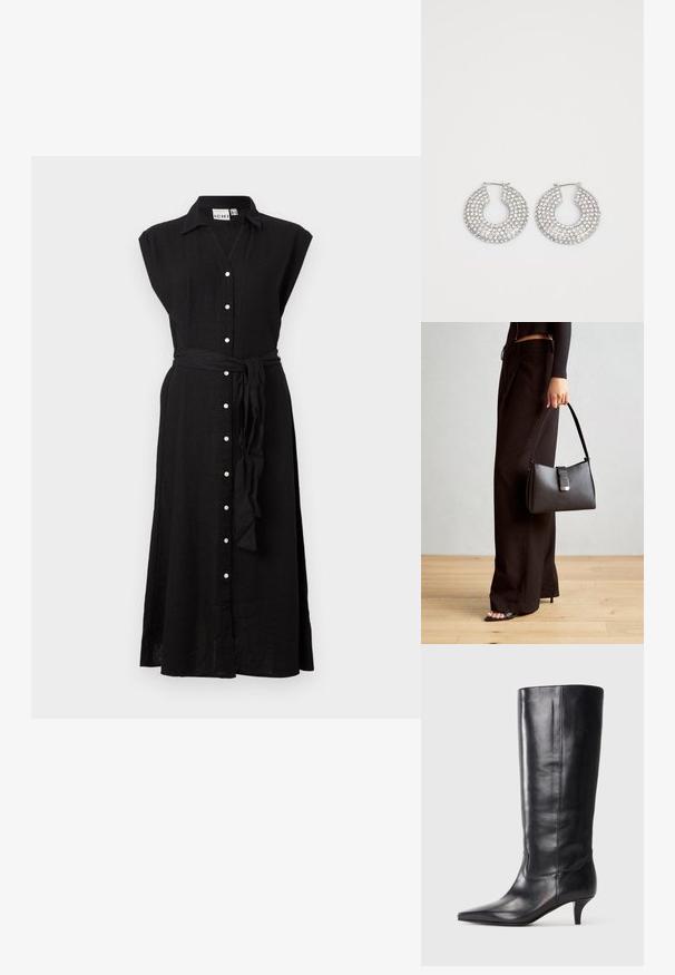 Juodas lininis suknelė su trumppadžiais rankovėmis, mygtukų priekyje ir liemeniu. Turi apykaklę ir ilgą, laisvą dizainą.; Juodos odinės aukštakulnės botinės iki kelių su smailu pirštu, siauru kulnu ir lygia tekstūra. Pasižymi minimaliais siūlais ir elegantiška siluetu.; Juodas rankinė struktūrizuota forma, lygi tekstūra ir metalinis užsegimas. Suporuota su plačiomis juodomis kelnėmis ir atvirais bateliais ant medinių grindų.; Sidabrinės auskarų žiedai, papuošti daugybe skaidrių kristalų akcentų, su tekstūruota paviršiumi ir atviru apvaliu dizainu.