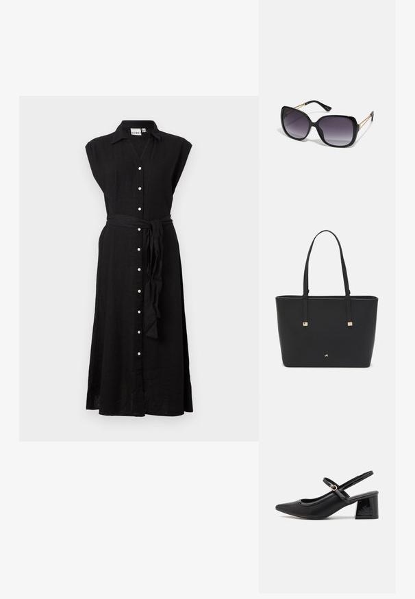 Fekete vászonruha rövid ujjakkal, gombos elülső résszel és derékpánttal. Nyakpánttal és hosszú, lágy eséssel rendelkezik.; Fekete lakk bőr, pántos magassarkú cipő, hegyes orral, lekerekített kivágással és tömbsarkal. Arany színű csat díszíti.; Fekete, oversize napszemüveg fokozatos árnyalatú lencsékkel, vastag kerettel és arany színű lánc díszítéssel a szárakon.; Fekete tote táska szintetikus anyagból, egyszerű téglalap formájú dizájnnal, arany négyzet díszítésekkel és dupla fogantyúkkal.