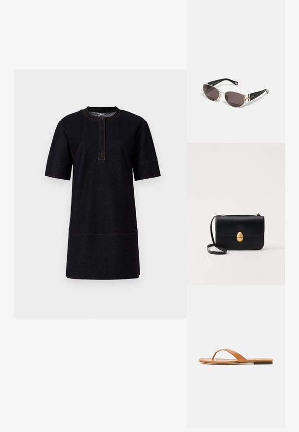 Fekete, rövid ujjú ruha denim anyagból, kerek nyakkivágással, gombos záródással és kontrasztos narancssárga varrási részletekkel.; Laposságú, világosbarna bőrszandál vékony pánttal és kis arany csattal, oldalnézetből bemutatva fehér háttér előtt.; Fekete és arany napszemüveg keskeny, ovális kerettel, sötét lencsékkel és díszes hardverrel a halántéknál. Könnyű és elegáns dizájn.; Fekete bőr kézitáska, struktúrált, téglalap alakú formával. Arany ovális kapoccsal és vékony vállpánttal rendelkezik. Sima textúrájú.