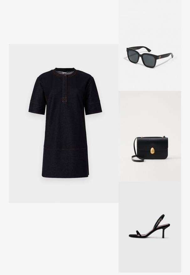 Czarna sukienka krótko rękawowa wykonana z denimu, z okrągłym dekoltem, zapięciem na guziki i kontrastującymi pomarańczowymi przeszyciami.; Czarne zamszowe damskie sandały na wysokim obcasie z cienkimi paskami i złotą klamrą na białym tle, widok z boku.; Czarne okulary przeciwsłoneczne z prostokątnymi soczewkami, o błyszczącej powierzchni i złotymi akcentami logo na zausznikach. Ciemnoszare soczewki zapewniają ochronę UV.; Czarna skórzana torba na ramię o strukturalnym prostokątnym kształcie. Posiada złoty owalny zamek i cienki pasek na ramię. Gładka faktura.
