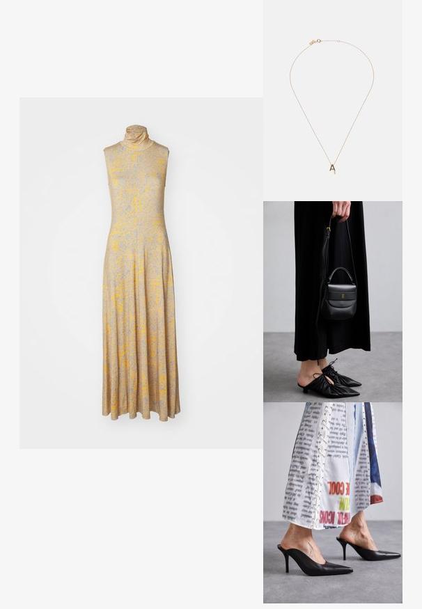 Rochie fără mâneci, cu gât înalt, dintr-un material gri deschis cu modele florale galbene și albastre; fustă lungă, evazată, cu o textură netedă.; Muli negri din piele cu vârful ascuțit și toc stiletto, asortați cu o îmbrăcăminte albă cu un model care dispune de detalii cu șireturi.; Geantă mică din piele neagră, cu o formă rotunjită, mânere superioare și curea detașabilă. Pur tată cu o rochie din material negru și pantofi plisati negri.; Colier aurit cu un pandantiv în formă de literă mică "a", lanț delicat și o mică piatră de accent. Design minimalist cu textură fină.