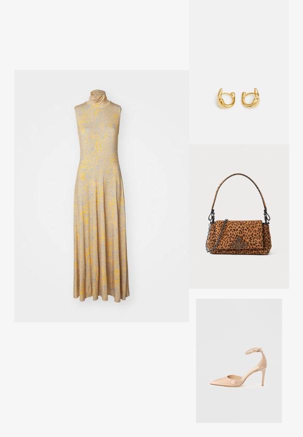 Vestido sem mangas, de gola alta, em tecido cinza claro com padrões florais amarelos e azuis; saia longa e esvoaçante, textura suave.; Shoe de verniz nude com biqueira pontuda, tirante no tornozelo e tacão agulha, apresentando uma textura suave e design minimalista.; Bolsa de pele de leopardo feita de camurça, com uma alça curta, uma correia de corrente e um fecho de metal preto. Forma retangular com fecho de aba.; Brincos de argola em ouro com um design suave e arredondado, com um acabamento polido. Os brincos têm uma forma compacta e robusta, com um fecho sem costuras.