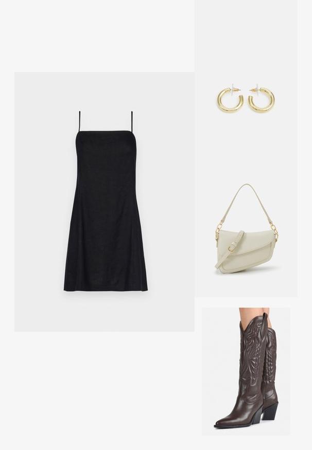 Mustankangasest kleit, millel on sirge lõige, õhukesed reguleeritavad rihmad ja kerge tekstuur. Disain on minimalistlik ja varrukateta.; Pruunid nahast cowboy saapad terava varbaga ja plokk-kandaga, millel on detailne tikand ja kergelt tõstetud aktsendid varrel.; Väike kreemjas käekott tekstureeritud viimistlusega, pikendatav rihm, ketiläbimõõt ja klapiga sulgemine. Kuldsed metalldetailid.; Kuldne rõngassõrmused sileda ja läikiva viimistlusega. Ringikujuline disain, millel on väike post ja selge tagumine külg, et tagada kindel kandmine.