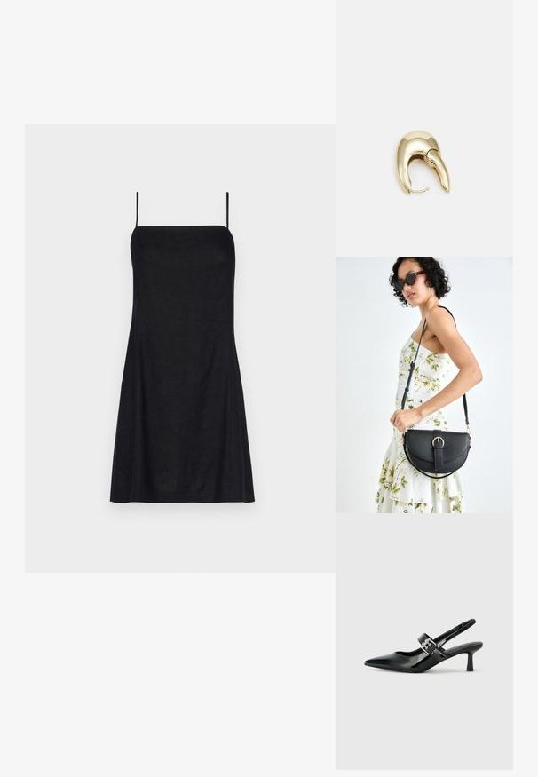 Black linen dress with a straight cut, thin adjustable straps, and a lightweight texture. The design is minimalist and sleeveless.; Black patent leather slingback heels with a pointed toe and a small block heel, featuring a silver buckle accent on the strap.; Black leather handbag with a curved shape, detachable strap, and gold hardware. The bag features a flap with a buckle detail.; Gold-tone metal earring with a sleek, curved design. Features a distinctive pointed shape, polished surface, and hinge closure.