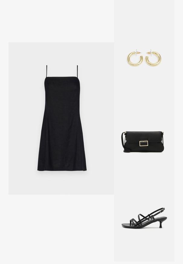 Robe enlin noir avec une coupe droite, des fines bretelles réglables et une texture légère. Le design est minimaliste et sans manches.; Sandales à talons noirs avec plusieurs brides entrecroisées. Matériau lisse, bout pointu et talon étroit. Bride de cheville ajustable avec boucle.; Pochette en cuir noir avec un rabat et un détail en boucle en métal doré. Inclut une sangle noire et un design épuré et minimaliste.; Boucles d'oreilles en or avec une finition lisse et brillante. Design circulaire présentant un petit clou et une attache transparente pour un port sécurisé.