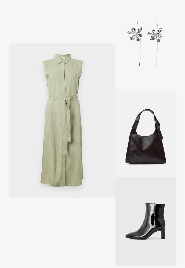 Vestido sem mangas, com botões, em linho verde-claro, com colarinho e cintura cingida. Apresenta uma silhueta de corte reto e fendas laterais.; Botim de tornozelo em pele sintética preta com bico apontado e salto bloco de altura média. Textura suave e design minimalista.; Bolsa de ombro em pele castanha com uma textura suave, forma arredondada, alça larga e um detalhe metálico circular na pega.; Brincos em forma de flor prateados com um acabamento texturizado, apresentando ganchos longos e detalhes semelhantes a pétalas para um design intrincado.