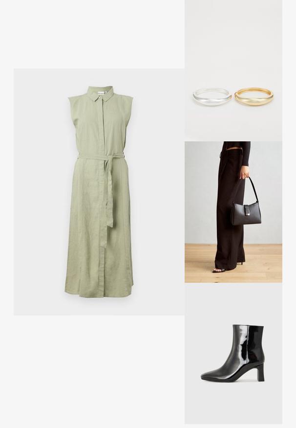 Abito senza maniche, con bottoni, in lino verde chiaro, dotato di un colletto e vita cinturata. Presenta una silhouette dritta e fessure laterali.; Stivaletto in pelle verniciata nera con punta a punta e tacco a blocco di altezza media. Texture liscia e design minimalista.; Borsa nera con forma strutturata, texture liscia e una chiusura metallica. Abbinata a pantaloni neri larghi e sandali open-toe su un pavimento in legno.; Zign 2 PACK - Bracciale - gold-coloured/silver-coloured