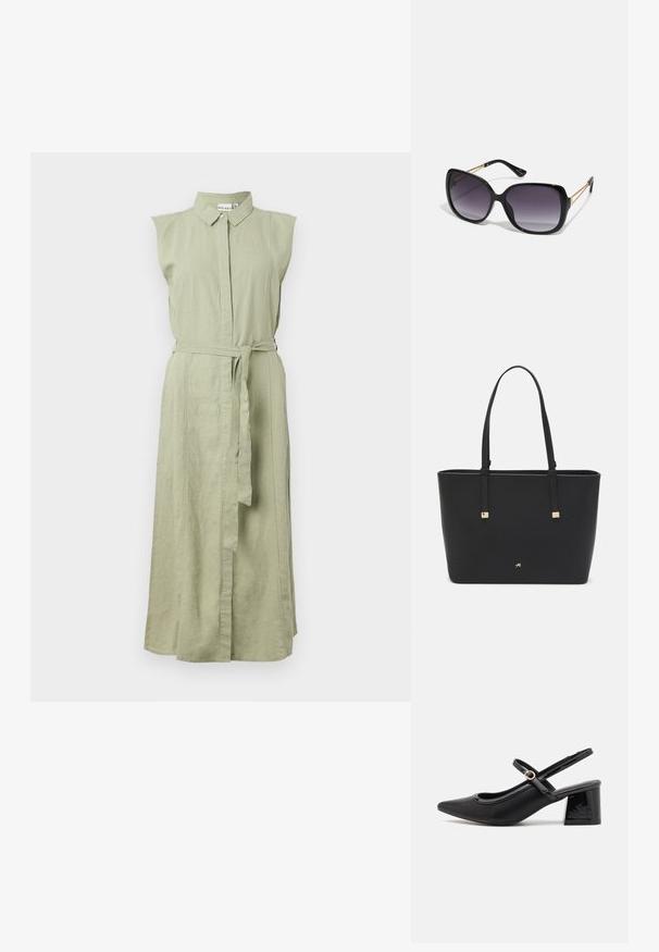 Abito senza maniche, con bottoni, in lino verde chiaro, dotato di un colletto e vita cinturata. Presenta una silhouette dritta e fessure laterali.; Décolleté in vernice nera con cinturino dietro, punta affusolata, design con ritagli arrotondati e tacco a blocco. Presenta un accento di fibbia tono oro.; Occhiali da sole neri oversize con lenti sfumate, montatura spessa e dettagli in catena dorata sulle astine.; Borsa a tracolla nera in materiale sintetico, con un design rettangolare semplice, dettagli quadri dorati e doppi manici.