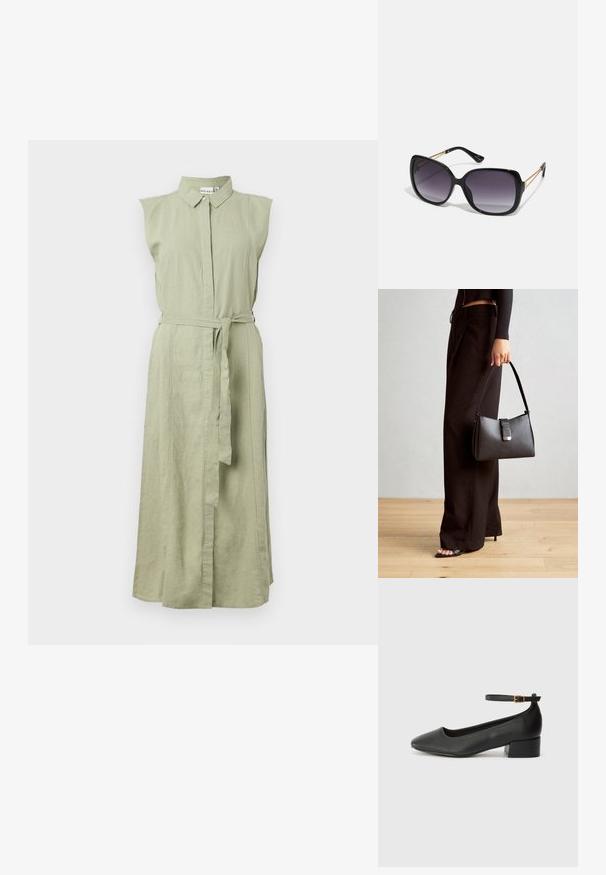 Αμάνικο φόρεμα με κουμπιά σε ανοιχτό πράσινο λινό, με γιακά και ζωνάκι στη μέση. Διαθέτει κατευθείαν σιλουέτα και πλαϊνές σχισμές.; Μαύρο δερμάτινο τακούνι με μυτερή μύτη και χαμηλό τετράγωνο τακούνι. Διαθέτει λουράκι στον αστράγαλο με χρυσό τόνο πόρπη. Λείο υφή.; Μαύρα υπερμεγέθη γυαλιά ηλίου με κλειστή βαθμίδα φακού, παχιά σκελέτη και λεπτομέρειες από χρυσή αλυσίδα στις βραχίονες του σκελετού.; Μαύρη τσάντα χειρός με δομημένο σχήμα, λεία υφή και μεταλλικό κούμπωμα. Συνδυασμένη με φαρδιά μαύρα παντελόνια και σανδάλια ανοιχτής μύτης πάνω σε ξύλινο πάτωμα.