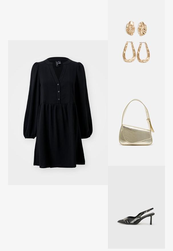 Črna obleka z dolgimi napihnjenimi rokavi, V-izrezom, gumbi na sprednji strani, nabranim korzetom in nabranim krilom. Narejena iz lahkotnega materiala.; Črne patentne usnjene sandale s koničastim nosom, zankami okoli gležnja s srebrnimi sponkami in opremo ter vitkimi petami.; Zlata metalna torbica z urejenim dizajnom, gladko teksturo in nastavljivim trakom. Ima edinstveno trikotno obliko in minimalistično šivanje.; Zlato obarvani uhani z teksturiranimi, valovitimi oblikami. Vključujejo skulpturalne sponke za ušesa in odprto obliko obročka s kladivastim finišem.
