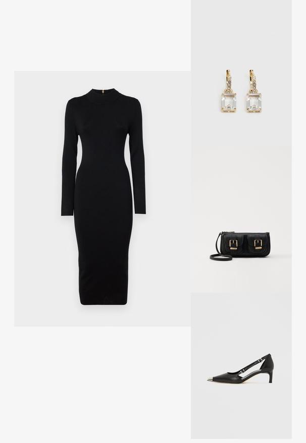 Zwart aansluitend jurkje met lange mouwen, hoge halslijn, geribbeld textuur en een middellange snit. Kenmerkt een achterrits met gouden hardware.; Zwart leren kittenhak met puntige zilveren neus en dubbele gespsluitingen op een witte achtergrond.; Zwarte leren schoudertas met twee vo pockets, gouden gespen, ritsluiting en een smalle band. Tekstuur oppervlak en compacte rechthoekige vorm.; Gouden oorbellen met een rechthoekige, heldere kristal die onder een rij kleine, ronde heldere accenten hangt. Strak, modern ontwerp.