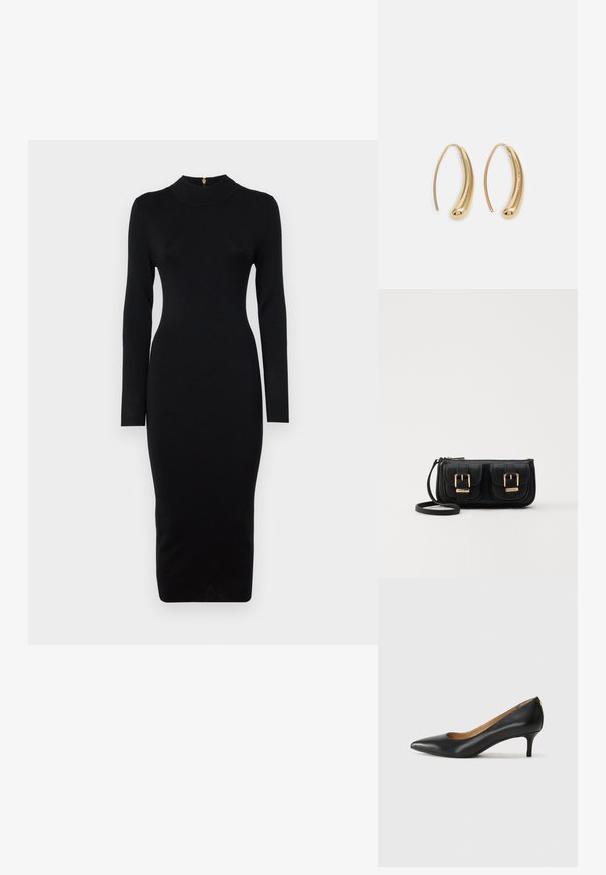 Robe noire ajustée à manches longues, col haut, texture côtelée et silhouette mi-longue. Comprend une fermeture éclair au dos avec des accessoires en or.; Pompe noire en cuir avec un embout pointu, un petit talon et une texture lisse. Présente une légère ouverture à l'avant et un matériel minimal à l'arrière.; Sac en cuir noir porté en travers avec deux poches avant, boucles dorées, fermeture zippée et une sangle fine. Surface texturée et forme rectangulaire compacte.; Boucles d'oreilles en métal doré en forme d'anneau, avec une forme courbée et allongée. Elles présentent une surface lisse et brillante avec une pointe arrondie pour un détail supplémentaire.