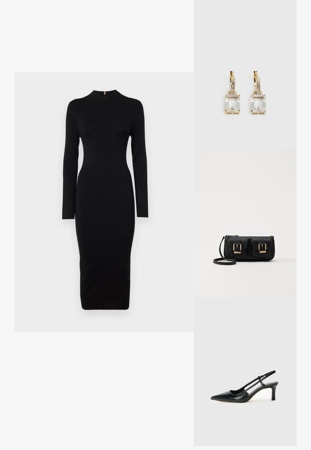 Abito nero aderente con maniche lunghe, scollo alto, texture a coste e silouette di lunghezza media. Dotato di zip sul retro con finiture dorate.; Slingback con tacco in vernice nera con punta affusolata, caratterizzato da una stampa a serpente testurizzata, cinturino regolabile e un tacco corto e testurizzato.; Borsa a tracolla nera in pelle con due tasche frontali, fibbie dorate, chiusura con zip e una tracolla sottile. Superficie texturizzata e forma rettangolare compatta.; Orecchini in tonalità dorata con un cristallo trasparente rettangolare sospeso sotto una fila di piccoli accenti trasparenti rotondi. Design elegante e moderno.