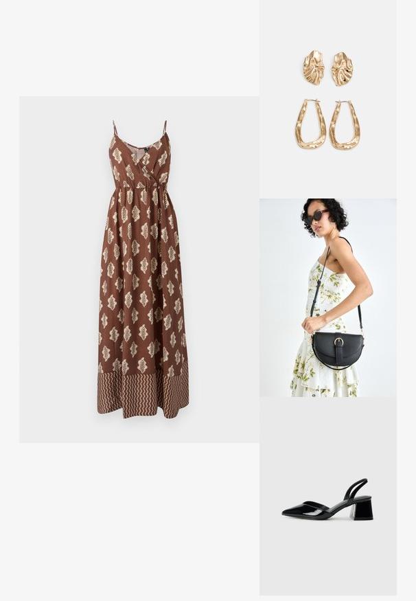 Vestido maxi castanho com alças finas, apresentando padrões de folhas beges e um detalhe em zigzag na bainha. Feito de tecido leve.; Sandy em verniz preto com salto slingback, ponta afilada e salto geométrico. Apresenta um design elegante e minimalista com textura suave.; Bolsa de couro preta com forma curva, alça destacável e detalhes em dourado. A bolsa possui uma aba com detalhe de fivela.; Brincos em tom de ouro com formas onduladas e texturizadas. Inclui studs escultóricos com presilha e um design de argola aberta com um acabamento martelado.