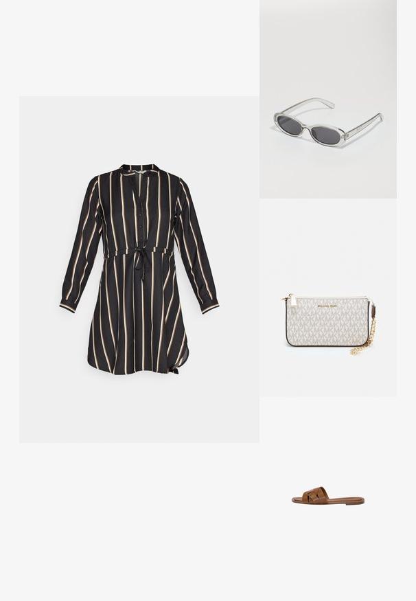 Abito nero con strisce verticali color crema, chiusura a bottoni frontale, colletto, maniche lunghe e vita cintrata con un accento annodato. Tessuto morbido.; Sandalo in pelle marrone con fasce incrociate, suola piatta e una texture liscia. Design semplice senza decorazioni o motivi.; Occhiali da sole con forma ovale, montatura in plastica trasparente, lenti grigie scure e aste sottili trasparenti con accenti di logo e dettagli minimi.; Wristlet Michael Kors in tela rivestita beige con motivo a logo MK ripetuto, hardware dorato e tracolla a catena staccabile.
