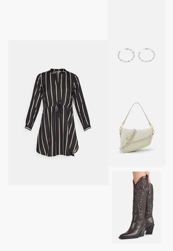 Schwarzes Kleid mit vertikalen cremefarbenen Streifen, Knopfleiste vorne, Kragen, langen Ärmeln und einer taillierten Taille mit gebundenem Akzent. Weicher Stoff.; Braune Leder-Cowboy-Stiefel mit spitzem Punkt und Blockabsatz, die über detaillierte Stickereien und hervorgehobene Akzente am Schaft verfügen.; Kleine cremefarbene Handtasche mit strukturiertem Finish, einem langen verstellbaren Tragegurt, einem Kettenakzent und einem Klappenverschluss. Goldene Hardware-Details.; Silberne Creolen mit gedrehter Gestaltung, ausgestattet mit einer polierten Oberfläche und einer Steckverschluss. Sie haben einen Durchmesser von ca. 3 cm.