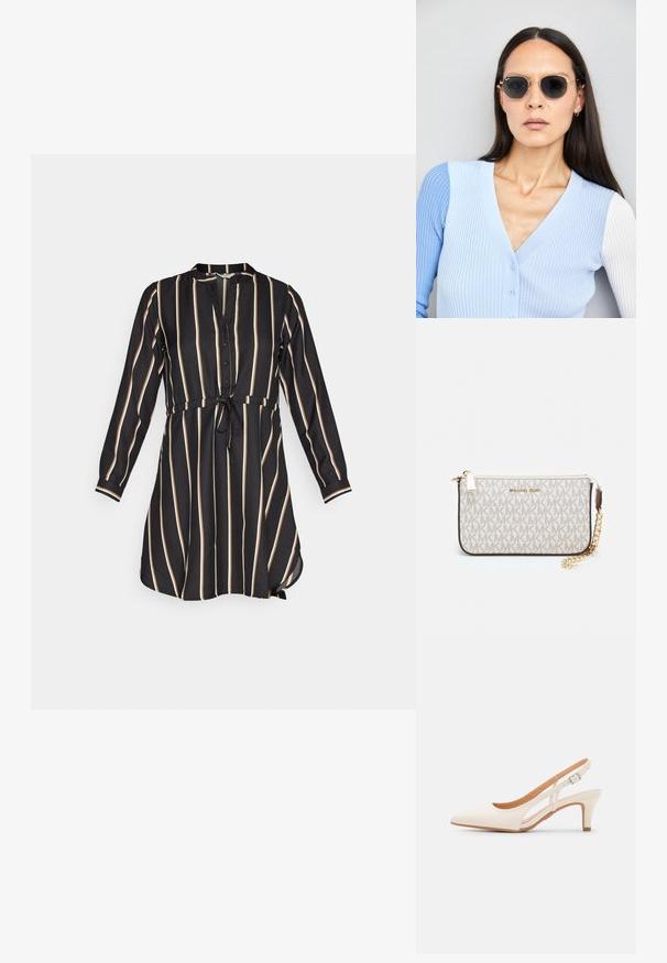 Vestido negro con rayas verticales en crema, botones en la parte delantera, cuello, mangas largas y cintura ajustada con un detalle atado. Textura de tela suave.; Zapato de tacón de tirantes blanco con punta afilada, material superior liso, tacón bajo y diseño con corte lateral con correa ajustable.; Gafas de sol redondas con lentes oscuros y montura dorada. El modelo lleva un cárdigan de canalé azul claro con botones y mangas blancas en contraste.; Monedero de muñeca Michael Kors en lona recubierta beige que presenta un patrón repetido del logo MK, herrajes dorados y una correa de cadena desmontable.