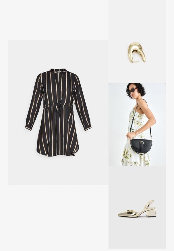 Black dress with vertical cream stripes, button-down front, collar, long sleeves, and a cinched waist with a tied accent. Soft fabric texture.; Gold, metallic slingback heels with a pointed toe and chunky heel. Smooth texture, minimalistic design, and a narrow strap.; Black leather handbag with a curved shape, detachable strap, and gold hardware. The bag features a flap with a buckle detail.; Gold-tone metal earring with a sleek, curved design. Features a distinctive pointed shape, polished surface, and hinge closure.