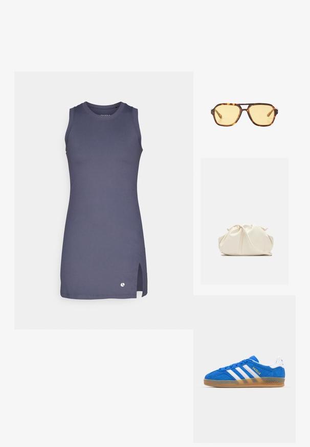 Bezramenné šaty v tmavě námořnické modři, vyrobené z žebrované látky. Mají kulatý výstřih, boční rozparky a malé logo na lemu.; Modré semišové tenisky s bílými pruhy a textem "Gazelle". Mají gumovou podešev a texturované akcenty na svršku. Klasický design.; Sluneční brýle s želvovinovým vzorem, geometrickým designem, žlutými skly a kovovými akcenty na stranách. Široký rám a matný povrch.; Krémová, měkká taška z umělé kůže s nabráním, nastavitelným popruhem a nenápadným stahováním. Hladký povrch a zakulacený tvar.
