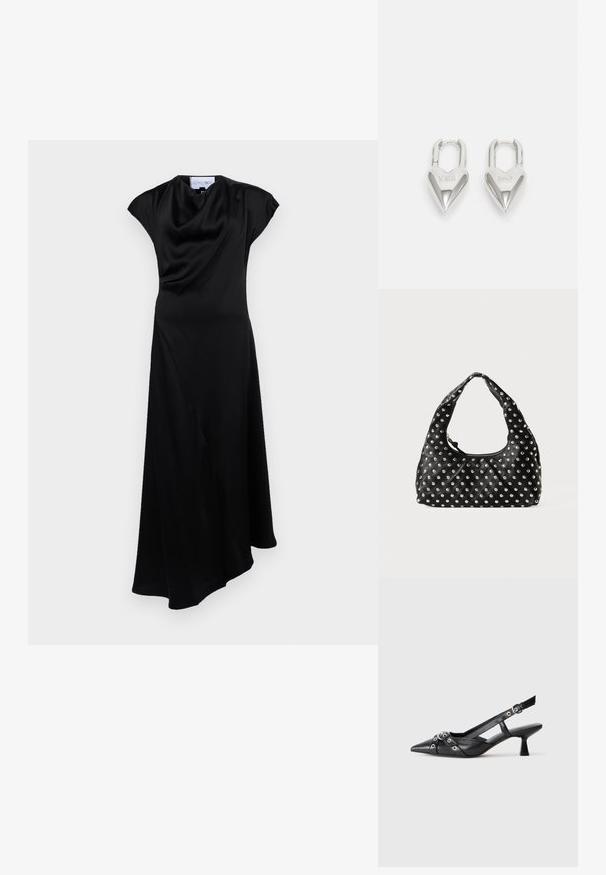 Rochie neagră fără mâneci, cu decolteu drapat, hem asimetric și textură fină. Prezintă o siluetă fluxantă și un material moale.; Pantofii slingback din piele neagră, cu vârful ascuțit, curele decorative cu ochiuri din metal și toc bloc mic. Suprafață texturată.; Geantă de mână din piele neagră, cu un mâner curbat, având un model de cuie metalice distribuite uniform pe suprafață. Închidere cu fermoar.; Lacate în formă de inimă, argintii, cu inscripții gravate "DA" și "NU", finisaj lustruit, design simetric și un închizător robust din metal.