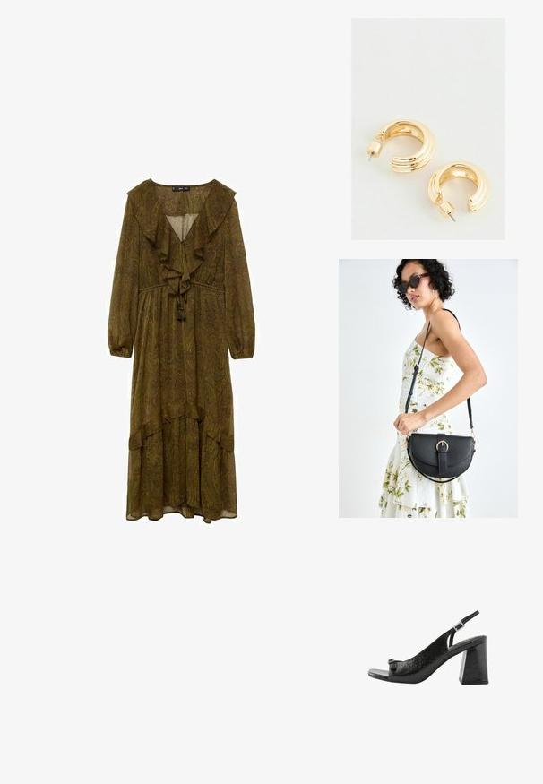 Mango Dnevna obleka - green; Next Sandali - black; Črna usnjena torbica s ukrivljeno obliko, z odstranljivo naramnico in zlatimi dodatki. Torbica ima pokrov s podrobnostmi v obliki zaponke.; Zlato obarvani uhani v obliki obroča s poliranim zaključkom, ki vključujejo rebrast dizajn in pritrjevanje na zadnji strani. Okrogla, debela oblika.