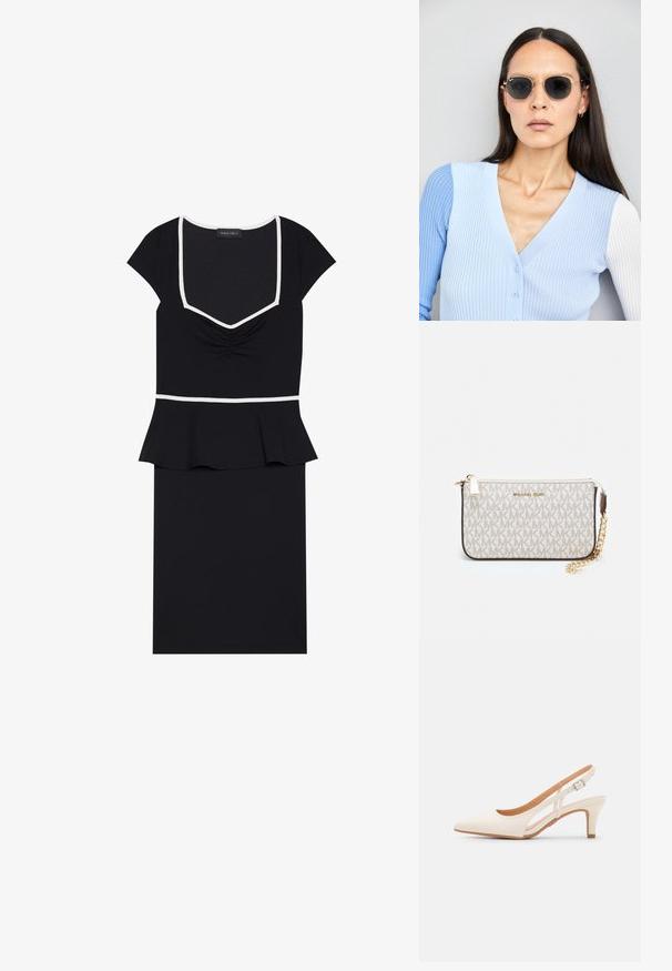 Robe noire avec un décolleté carré, des manches courtes et un devant froncé. Elle possède une taille peplum et des accents en blanc contrastant.; Talons aiguilles blanches à bride arrière avec un bout pointu, un dessus lisse, un petit talon carré et un design avec découpes latérales et sangle réglable.; Lunettes de soleil rondes avec verres sombres et monture en or. Le modèle porte un cardigan à côtes bleu clair avec des boutons et des manches blanches contrastantes.; Porte-monnaie Michael Kors en toile enduite beige avec un motif répété de logo MK, des accessoires en or et une bandoulière en chaîne amovible.