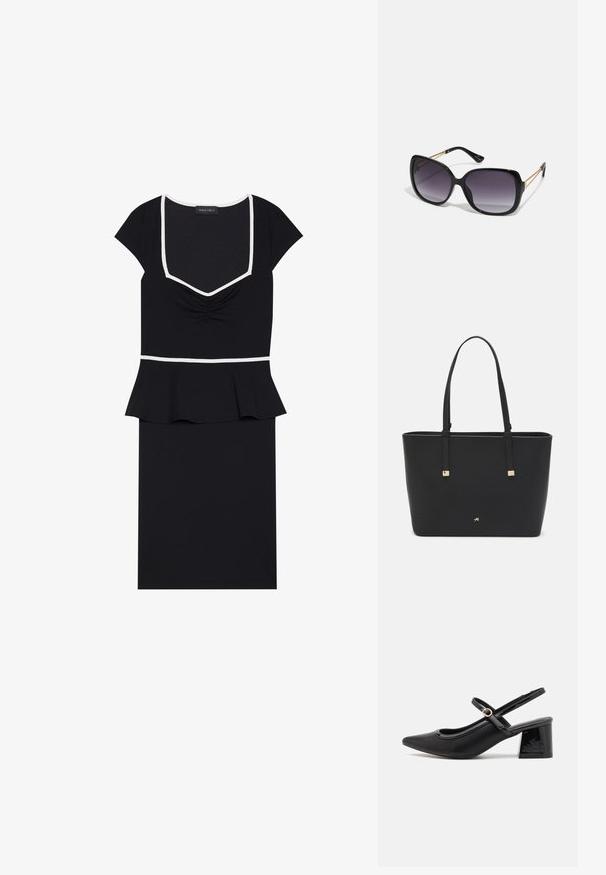 Črna obleka s kvadratnim izrezom, kratkimi rokavi in z nabranim sprednjim delom. Ima peplum pas in kontrastne bele obrobe.; Črne patentne usnjene salonarce s slingback obliko, s koničastim nosom, zaobljenim izrezom in blok peto. Imajo zlato kovinsko zaponko kot dodatno okrasje.; Črne prevelike sončne očala z degradacijskimi lečami, debelimi okvirji in zlatimi verižicami na ročajih.; Črna torba iz sintetičnega materiala, preproste pravokotne oblike, z zlatimi kvadratnimi detajli in dvojnih ročajem.