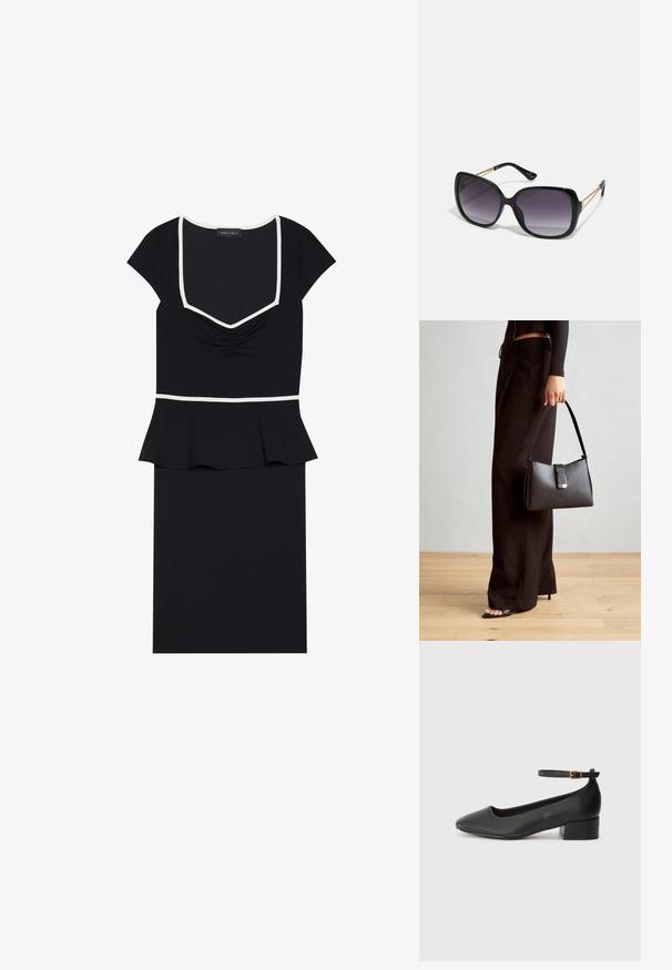 Crna haljina s kvadratnim izrezom, kratkim rukavima i naboranim prednjim dijelom. Ima peplum struk i kontrastne bijele obrube.; Crne kožne pumpe s oštrim vrhom i niskom blok petom. Sadrže remen oko gležnja s zlatnim kopčanjem. Glatka tekstura.; Crne prevelike sunčane naočale s gradijentnim lećama, debelim okvirom i zlatnim lancem kao detaljem na krakovima.; Crna torba s oblikom koji sadrži strukturu, glađu teksturu i metalnu kopču. Uparena s širokim crnim hlačama i sandalama na otvorenom s drvenog poda.